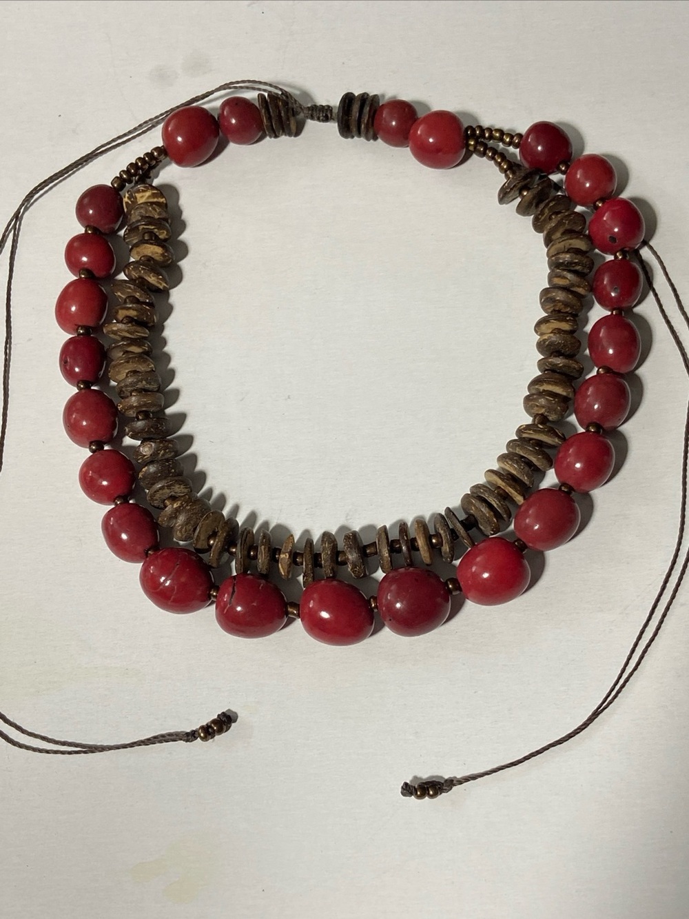 Red Organic TAGUA 2 Strand Collar Necklace w/Coconut Beads Cord Tie